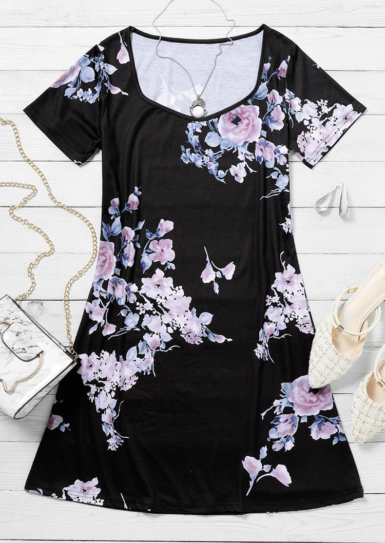 Floral Short Sleeve Square Collar Mini Dress - Black