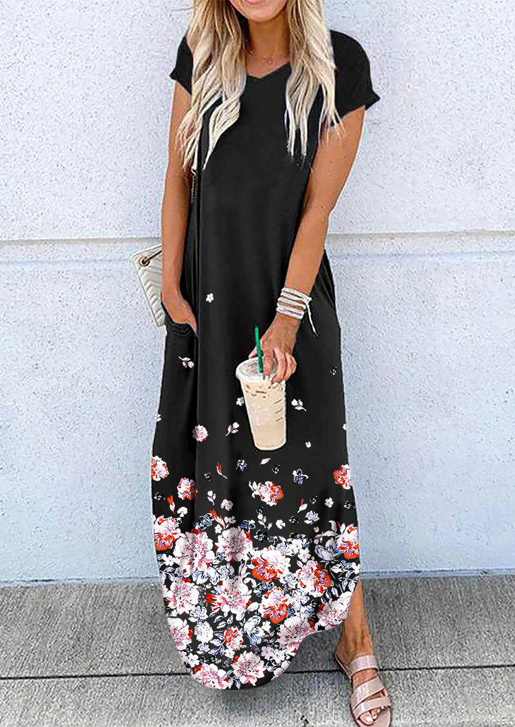 

Floral Short Sleeve V-Neck Maxi Dress - Black, 512149