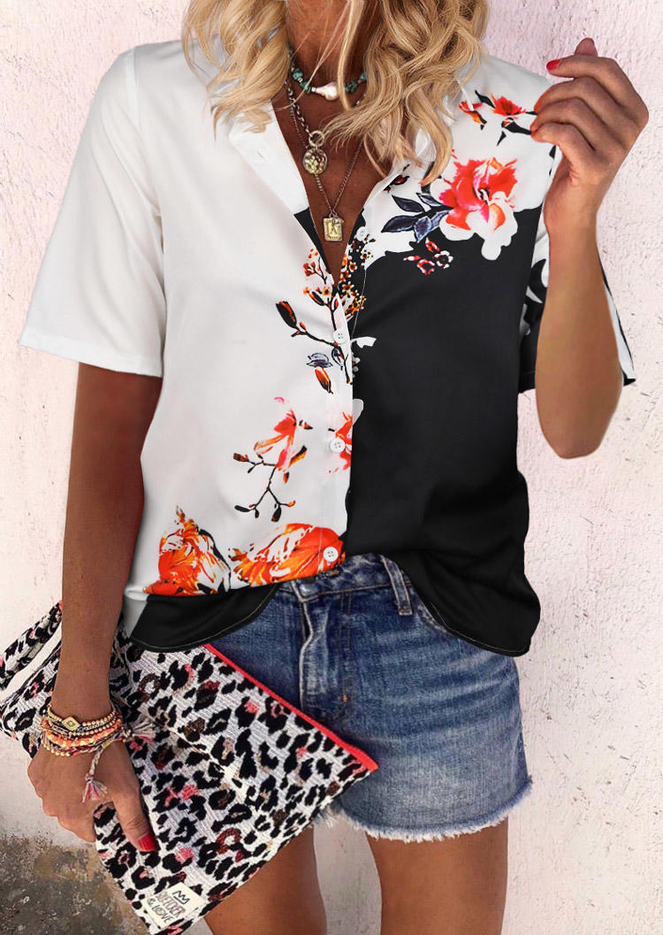 

Floral Button Turn-Down Collar Shirt - White, 512384