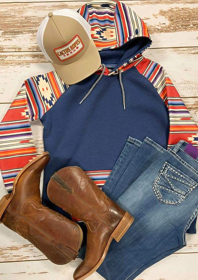 

Aztec Geometric Splicing Kangaroo Pocket Drawstring Hoodie, Multicolor, 512450
