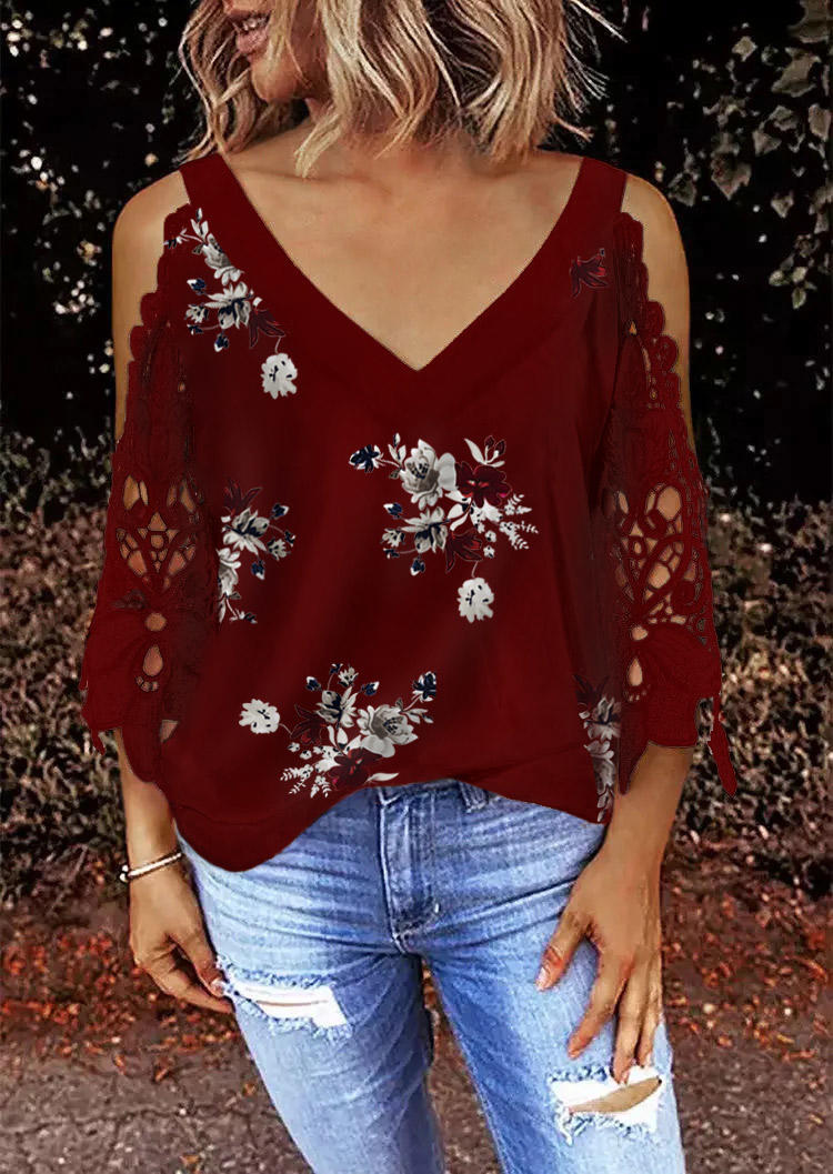 

Floral Lace Splicing Cold Shoulder V-Neck Blouse - Burgundy, Red, 512512
