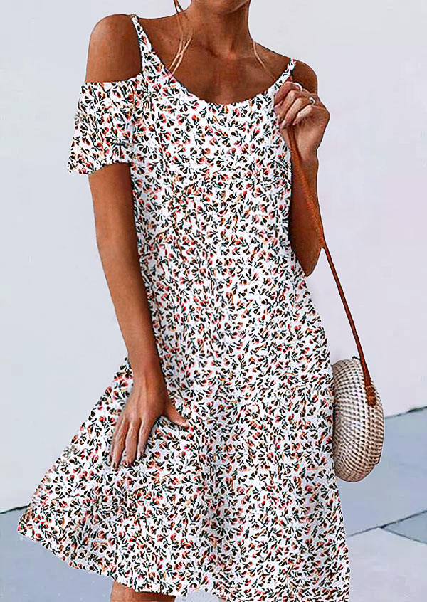 

Floral Cold Shoulder Mini Dress - White, 512522