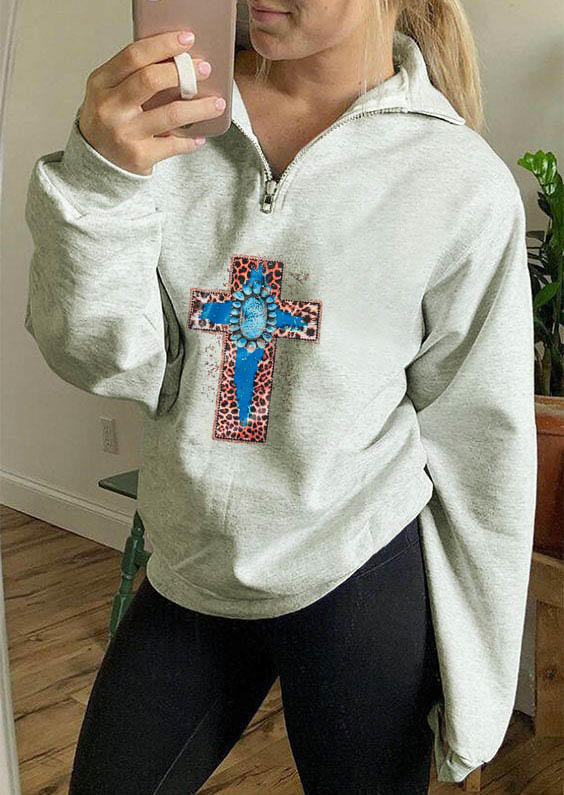 

Leopard Cross Turquoise Zipper Collar Sweatshirt - Light Grey, 512534