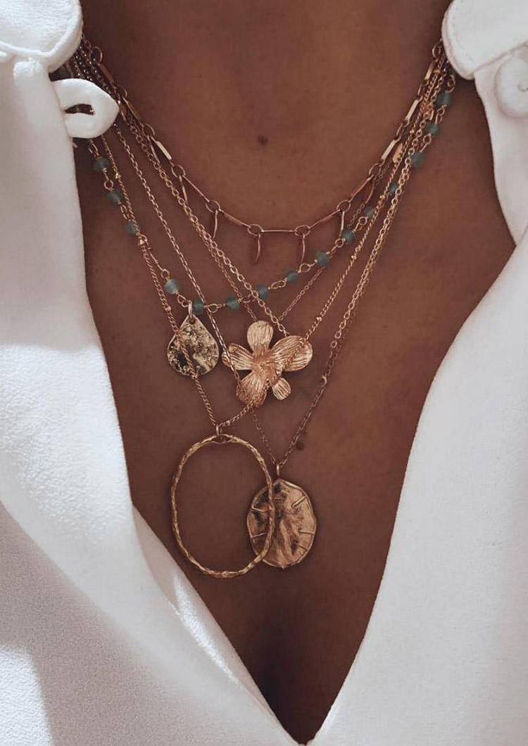 

Floral Disc Round Beading Multi-Layered Necklace, Gold, 512664