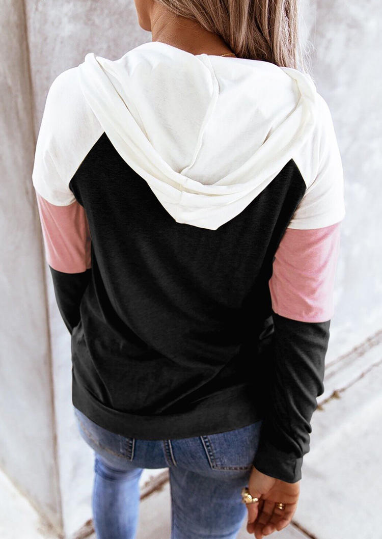 Color Block Drawstring Zipper Pocket Hoodie