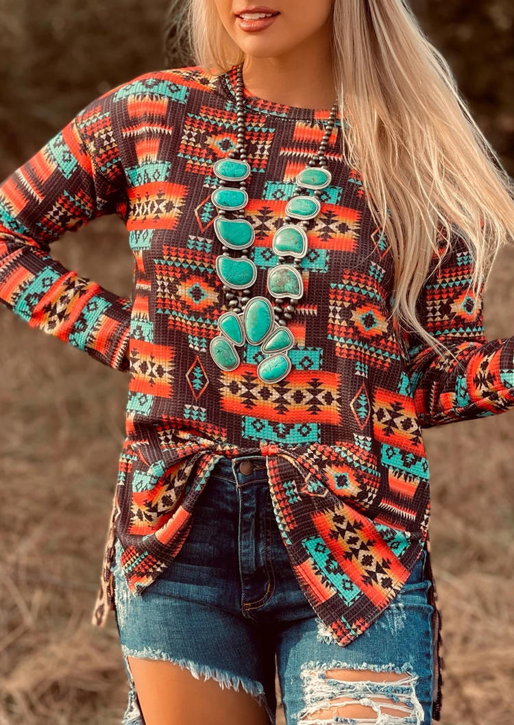 

Aztec Geometric Leopard Splicing Slit Blouse, Multicolor, 512778