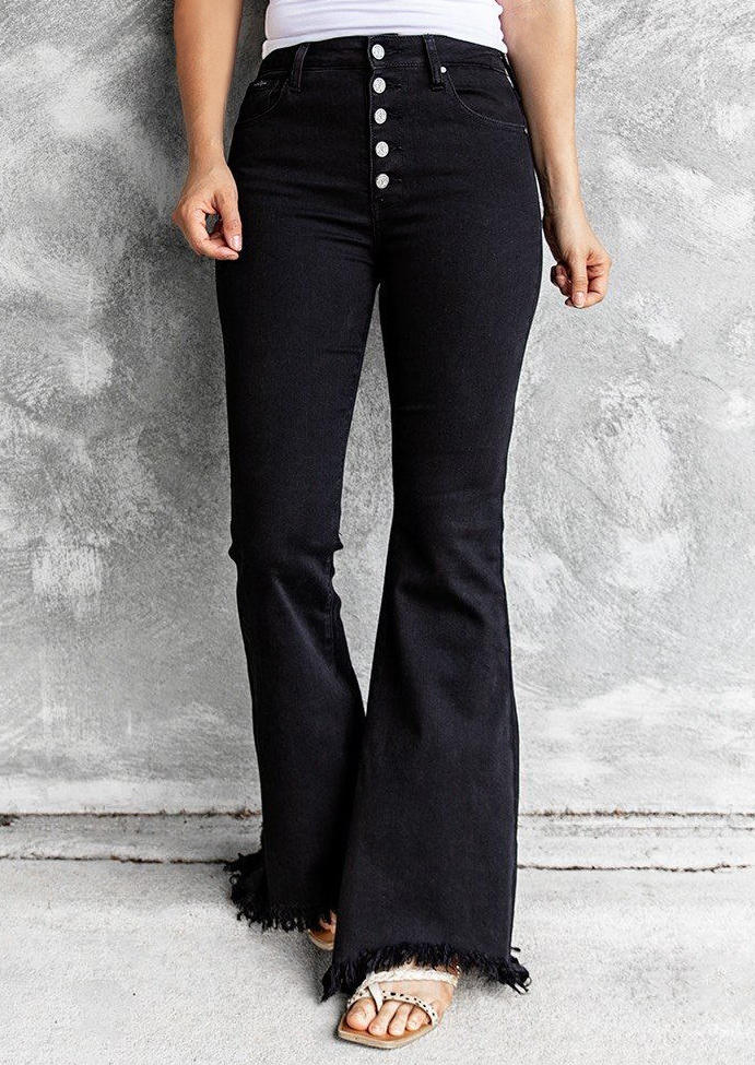 

Button Frayed Hem High Waist Denim Flare Pants - Black, 512863