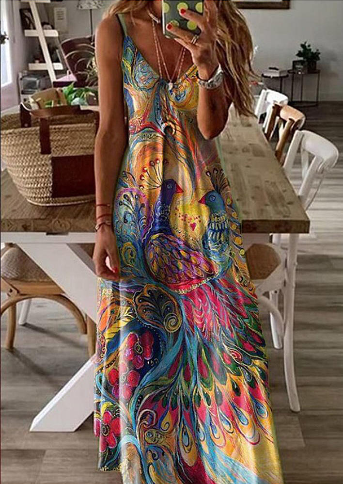 

Colorful Peacock Spaghetti Strap Maxi Dress, Multicolor, FZ002311