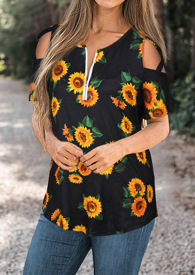 

Sunflower Criss-Cross Cold Shoulder Zipper Collar Blouse - Black, 511441