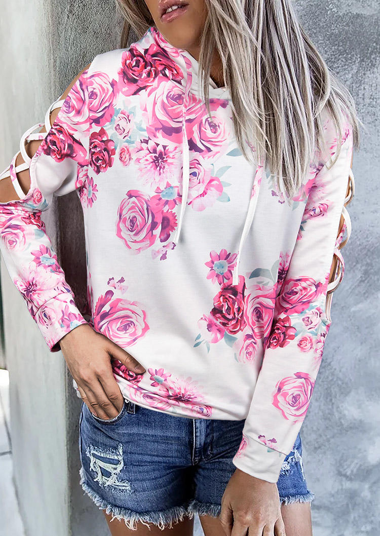 

Floral Drawstring Cold Shoulder Criss-Cross Hoodie, Multicolor, 511651