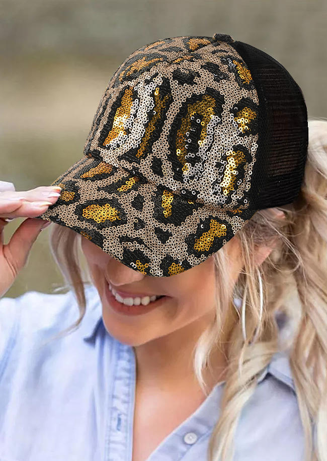 

Glitter Leopard Mesh Baseball Cap, Gold, 511839
