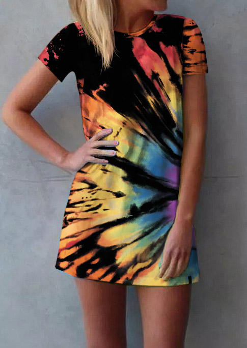Reverse Tie Dye Rainbow O-Neck Mini Dress, Multicolor, 511963