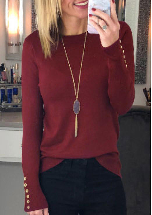 

Button O-Neck Long Sleeve Sweater - Burgundy, 512394