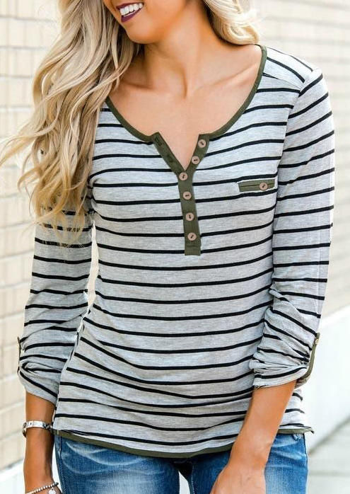 

Striped Button Notched Neck Casual Blouse - Gray, 512464