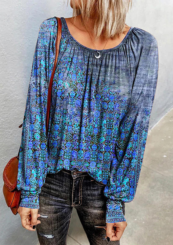 

Floral Long Sleeve O-Neck Blouse - Blue, 512481