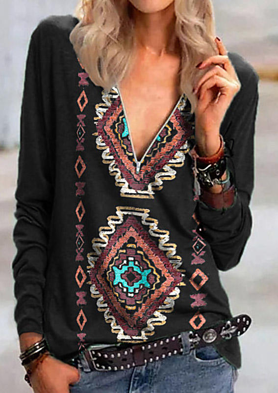 

Aztec Geometric Zipper V-Neck Blouse - Black, 512707