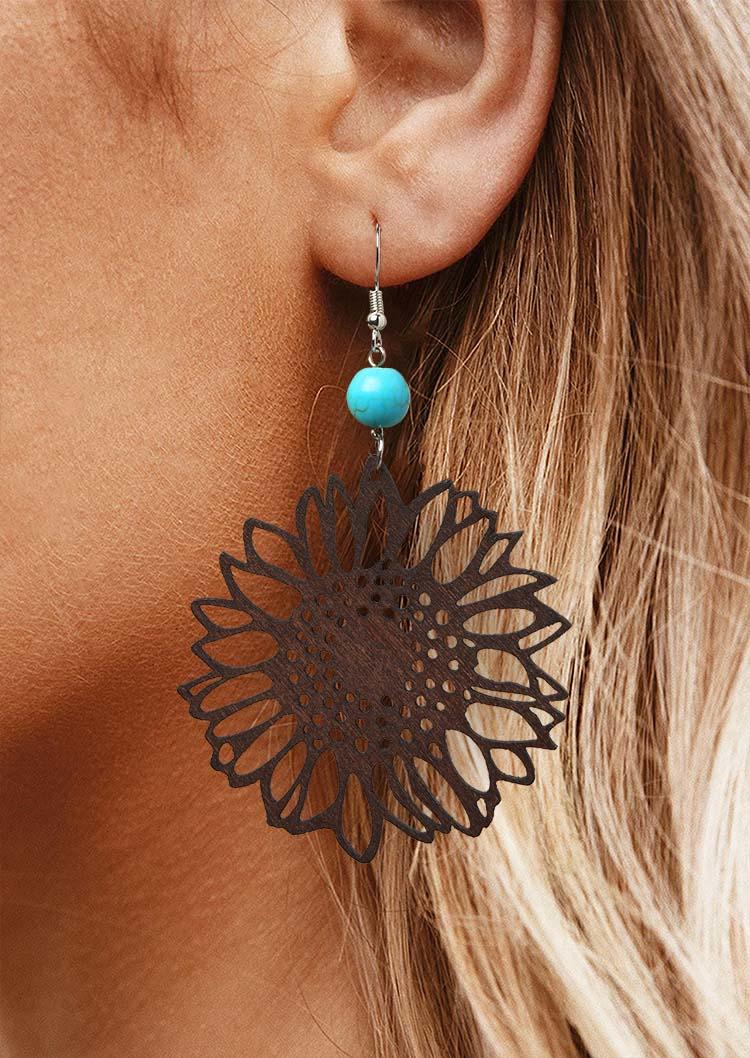 

Hollow Out Wooden Sunflower Turquoise Earrings, Brown, 512726