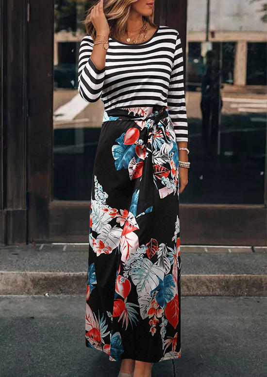 

Striped Floral O-Neck Maxi Dress, Multicolor, 512781