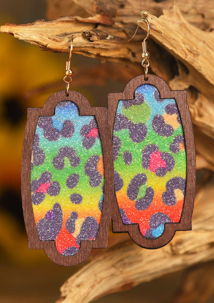 

Vintage Colorful Leopard Wooden Trim Leather Earrings, Multicolor, 512804