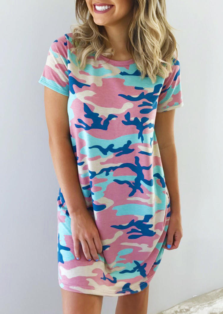 Camouflage O-Neck Short Sleeve Mini Dress, 512850