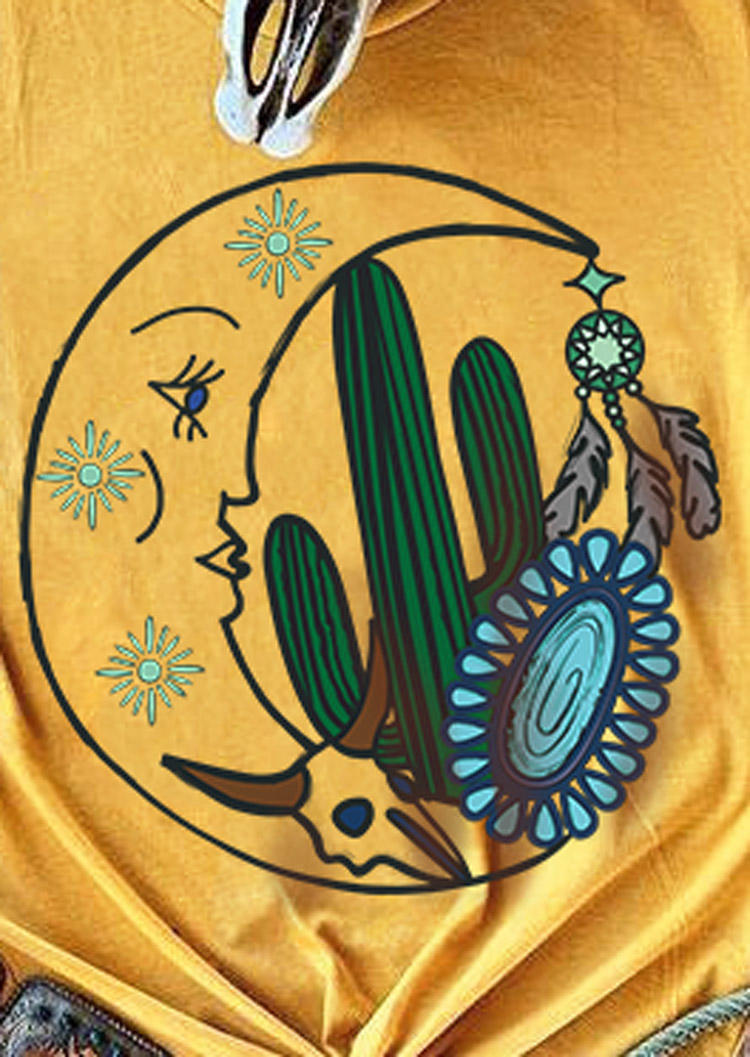 Western Cactus Moon Turquoise T-Shirt Tee - Yellow