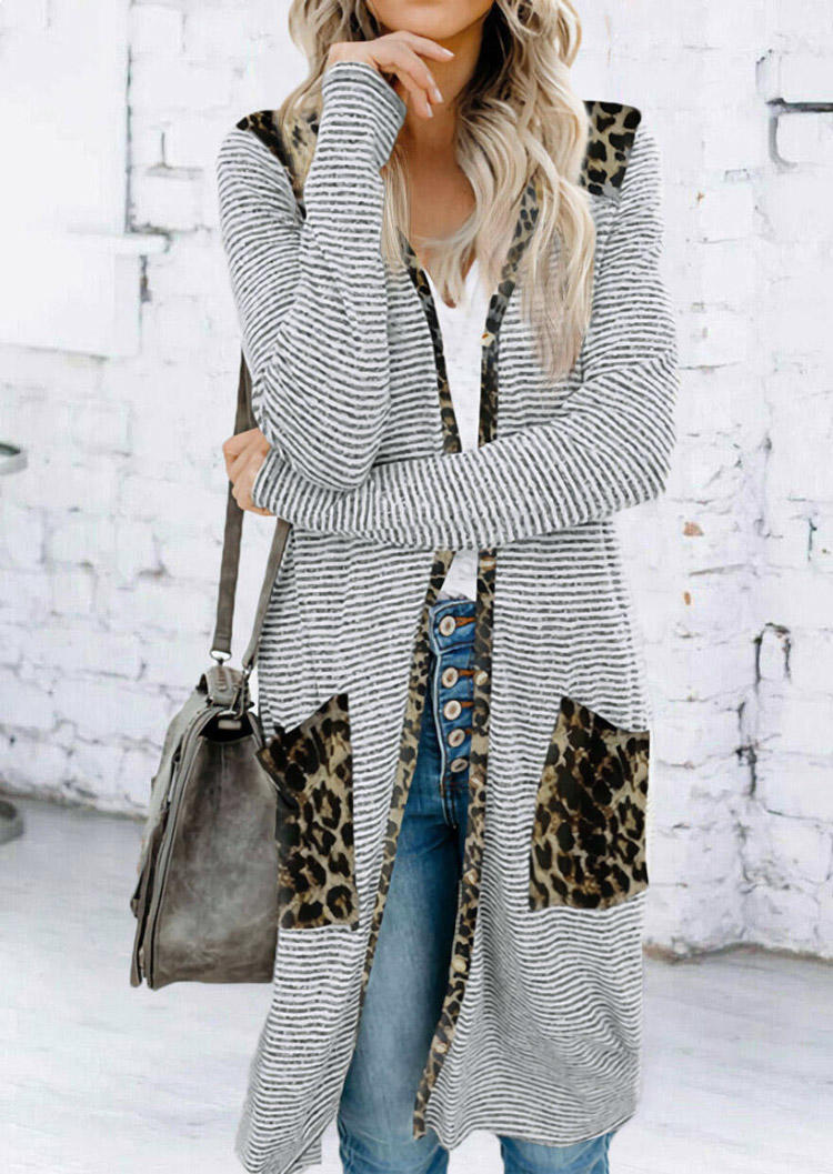 

Leopard Striped Long Sleeve Pocket Cardigan, Stripe, 512920
