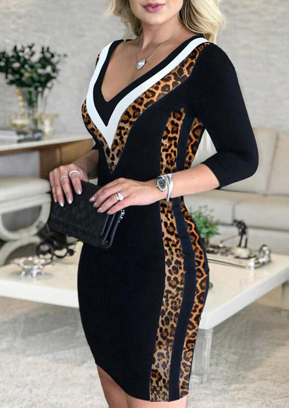 

Leopard V-Neck Three Quarter Sleeve Bodycon Dress - Black, 512941