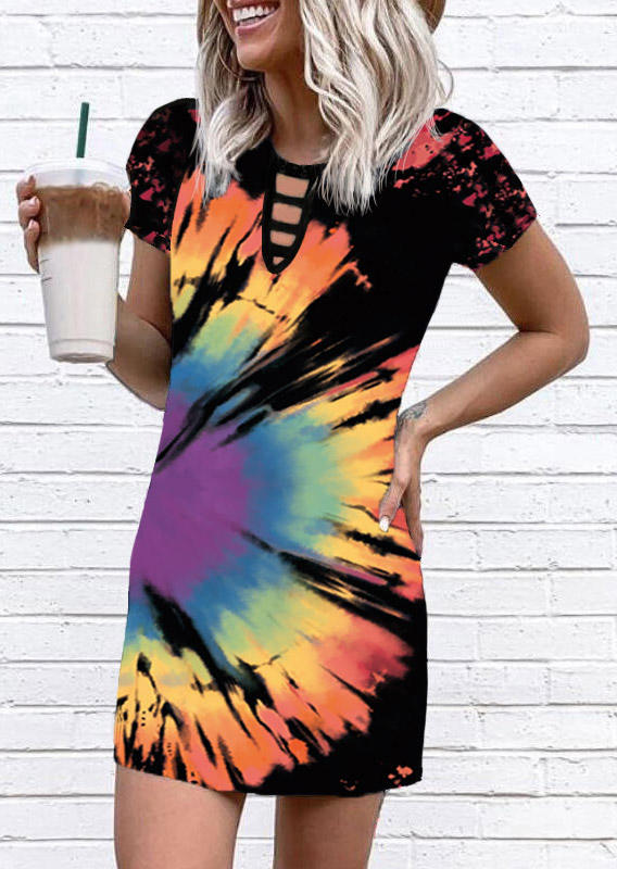 

Reverse Tie Dye Rainbow Keyhole Neck Mini Dress - Black, 512952