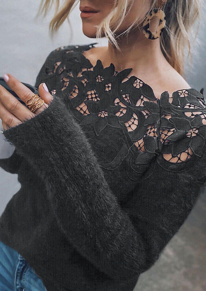 

Lace Hollow Out Floral Long Sleeve Blouse - Dark Grey, 512362