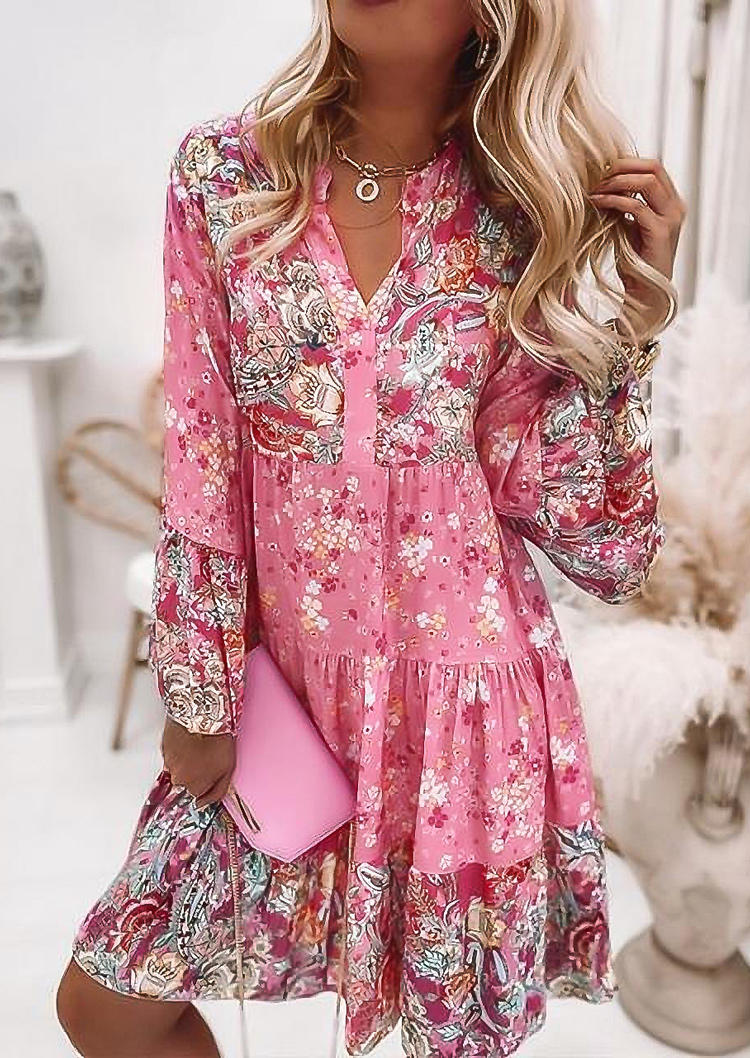 

Floral Flare Sleeve V-Neck Mini Dress - Pink, 512521