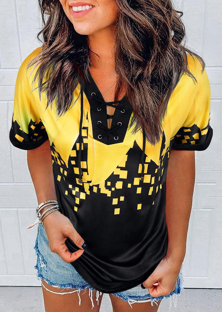 

Lace Up Short Sleeve Blouse - Black, 512668