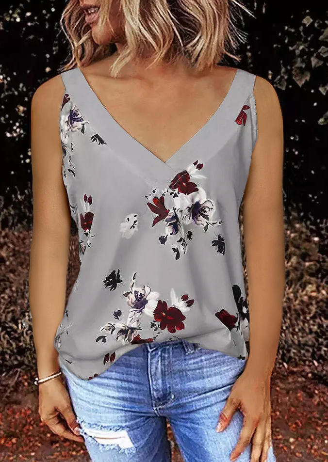 

Floral Sleeveless V-Neck Tank - Gray, 512786