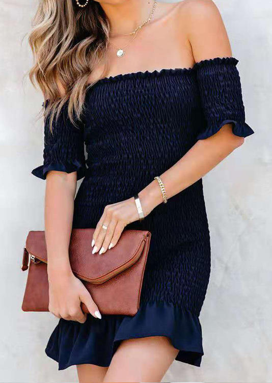 

Smocked Ruffled Off Shoulder Bodycon Dress - Navy Blue, 512860