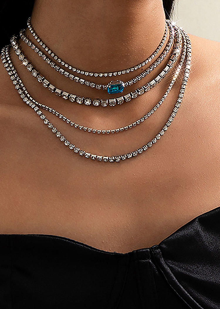 

5Pcs Rhinestone Square Crystal Chain Necklace Set, Silver, 512903
