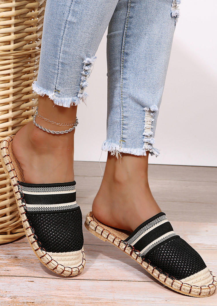 

Breathable Color Block Round Toe Flat Slippers - Black, 512904