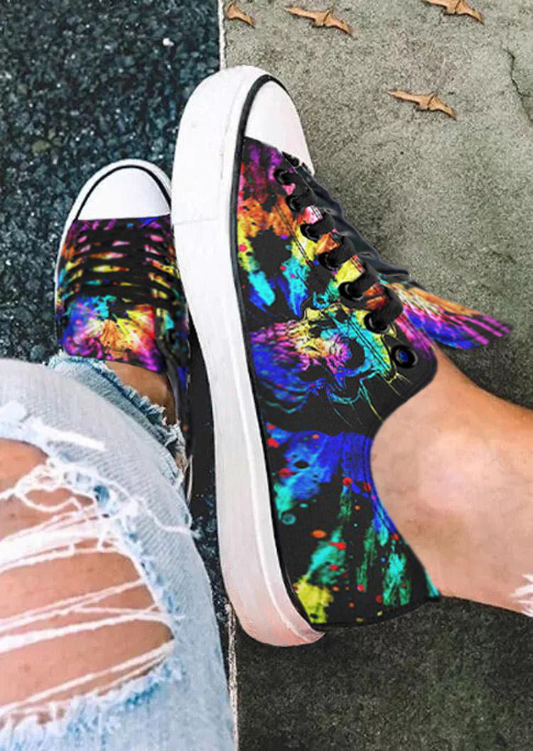 

Skull Tie Dye Lace Up Flat Sneakers, Multicolor, 512956