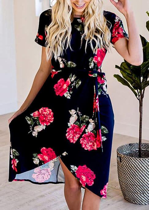 

Floral Tie O-Neck Asymmetric Midi Dress - Black, 513067