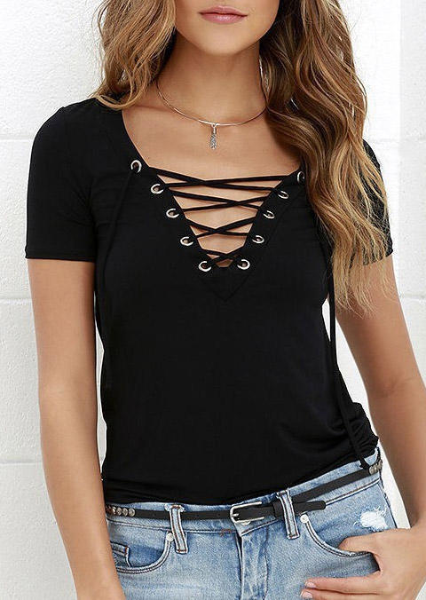 

Lace Up Short Sleeve V-Neck Blouse - Black, 511965