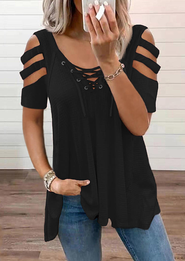 

Lace Up Cold Shoulder Hollow Out Blouse - Black, 512175