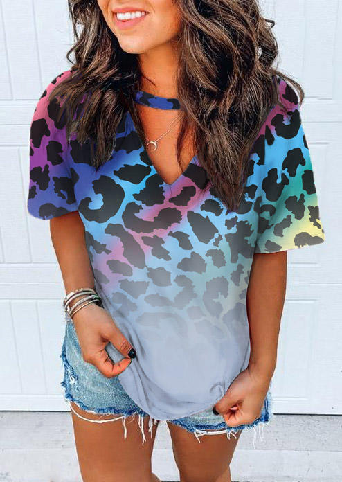 

Colorful Gradient Leopard Keyhole Neck Blouse, Multicolor, 512196