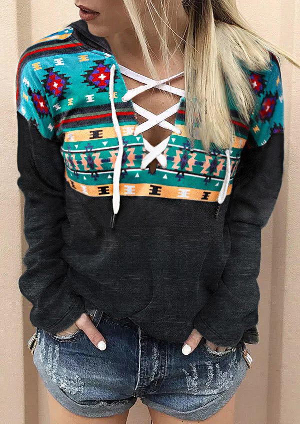 

Aztec Geometric Lace Up Long Sleeve Hoodie, Multicolor, 512367