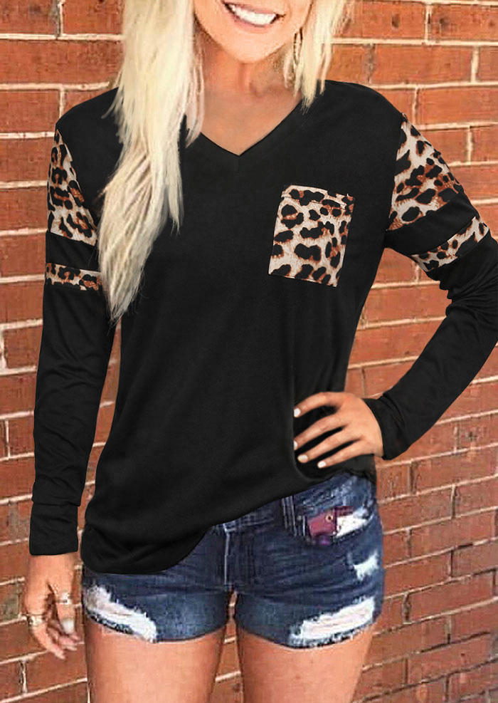 

Leopard Long Sleeve V-Neck T-Shirt Tee - Black, 512557