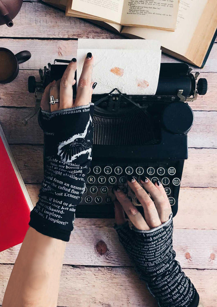 

Crow Letter Arm Warmer Fingerless Gloves, Black, 512677