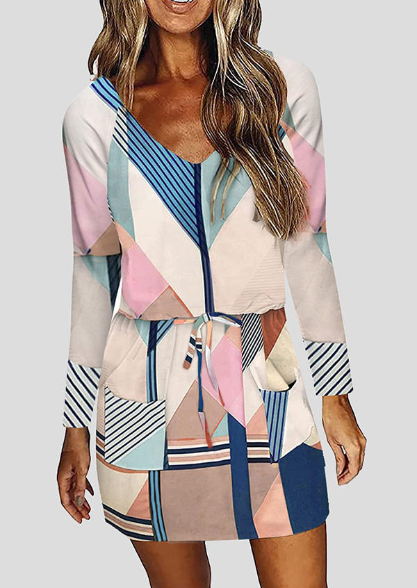 

Striped Geometric Drawstring Pocket Mini Dress, Multicolor, 512784