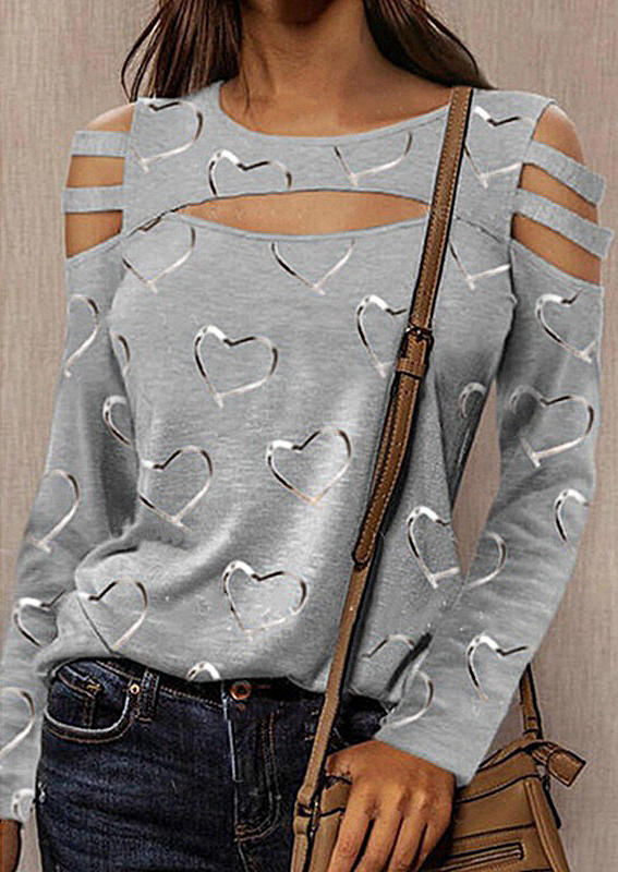 

Love Heart Hollow Out Long Sleeve Blouse - Gray, 512922