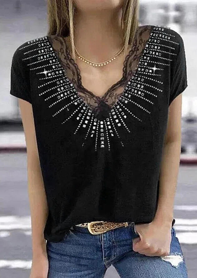 

Lace Sequined V-Neck Blouse - Black, 512986