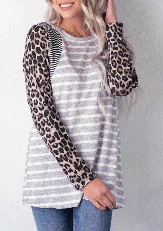 

Striped Leopard Long Sleeve Blouse, Multicolor, 513049