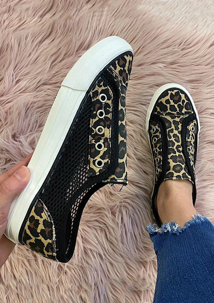 

Leopard Hollow Out Mesh Splicing Flat Sneakers, 513062