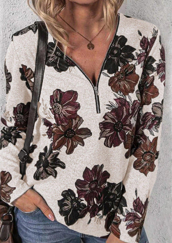 

Flower Zipper Collar Long Sleeve Blouse, Multicolor, 513105