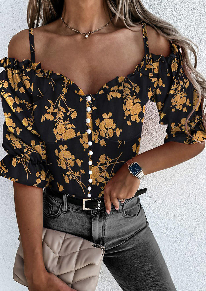 

Floral Ruffled Button Spaghetti Strap Cold Shoulder Blouse - Black, 513156